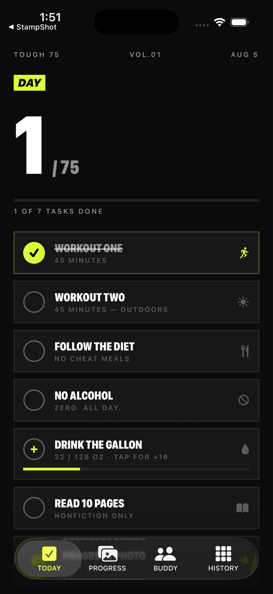 Finish75 Day 1 of 75 — the Tough 75 daily checklist with all seven rules