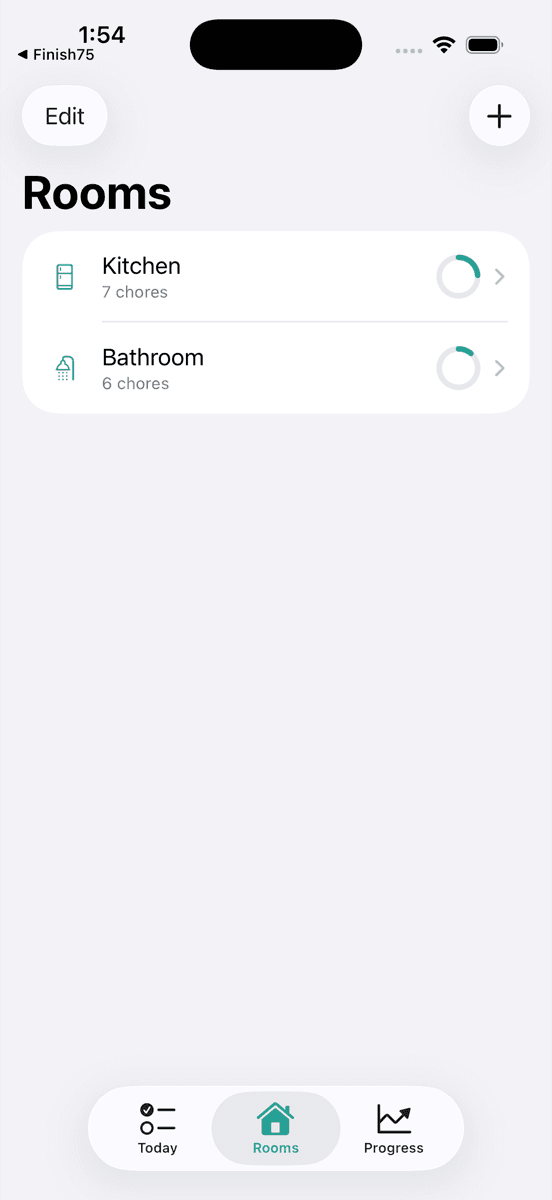 TidyCycle's Rooms screen — Kitchen and Bathroom with progress rings
