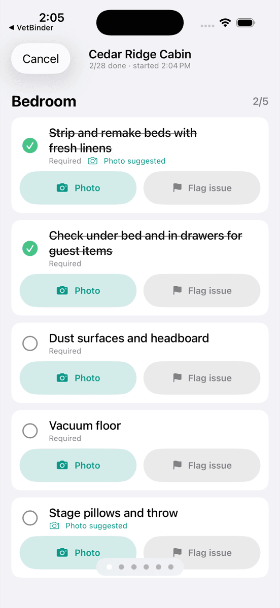 A live TurnProof job at Cedar Ridge Cabin — bedroom checklist with photo and flag-issue buttons on every task