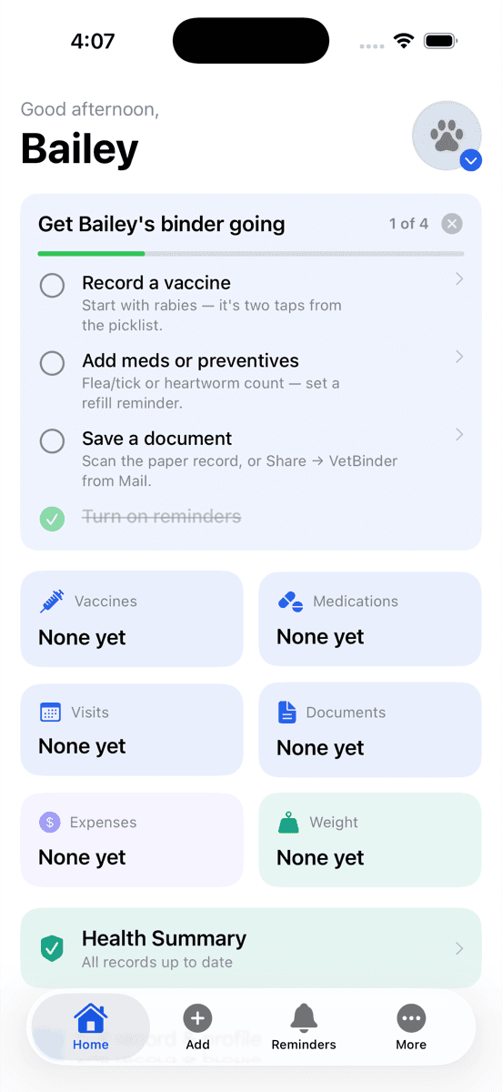 Bailey's VetBinder dashboard — guided setup checklist, vaccine and medication tiles, health summary